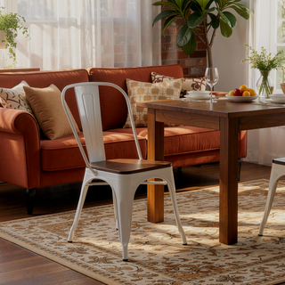 Sunvega High Gloss White Industrial Metal Dining Chairs with Walnut Wooden Seat Set of 4