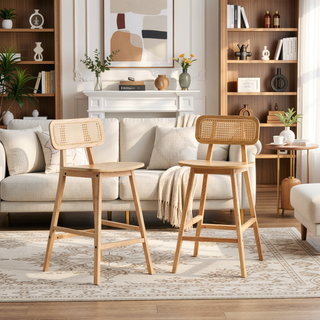 Sunvega Natural Wood Barstool Set with Rattan Backrest and Curved Seat