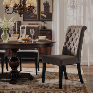 Sunvega Sand and Rustic Espresso Tufted Side Chairs with Rolled Backrest and Padded Seat