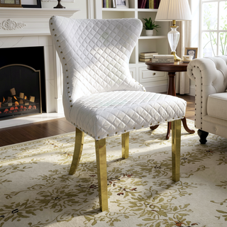 Sunvega Glam Style 2pc Side Chair with White Diamond Pattern Upholstery and Gold Square Legs
