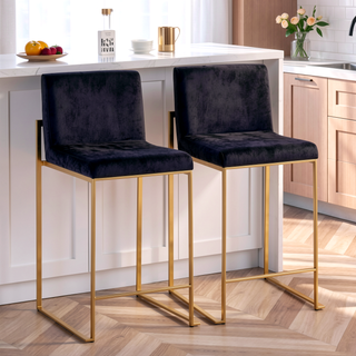 Sunvega Gold Steel and Black Velvet Contemporary High Back Counter Stool Set