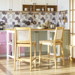 Sunvega Transitional Solid Wood and Rattan Counter Stool Set with Woven Upholstery