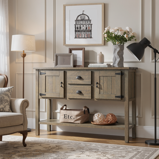 Sunvega Retro Style Solid Pine Wood Sideboard Console Table with 2 Drawers and Cabinets