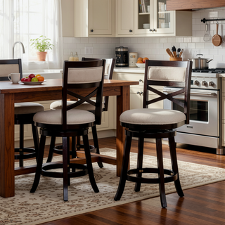 Sunvega 24 Inch Counter Height X-Back Swivel Stool with Beige Fabric Seat and Cherry Finish