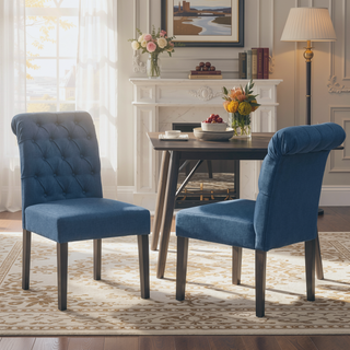 Sunvega Dark Grey Roll Top Button Tufted Dining Chairs Set of 2