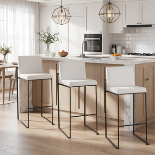 Sunvega Fuji High Back Barstool Set of 3 in Black Steel and White Velvet