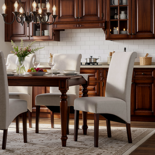 Sunvega Light Beige Linen Look Fabric Upholstered Contemporary Dining Chair Set of 2