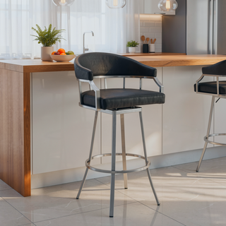Sunvega Wyden Swivel Modern Black Faux Leather Barstool with Brushed Stainless Steel Base