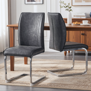 Sunvega PU Dining Chairs with Arched Metal Silver Legs and Crazy Horse Texture in Dark Gray