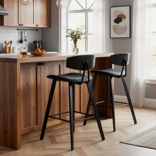 Sunvega 28.5 Inch Bar Height Stool with Gray Faux Leather and Black Wood Mid-Century Modern