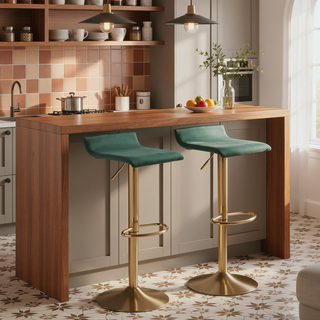 Sunvega Adjustable Height Barstool with Swivel in Gold Brushed Metal and Green Velvet