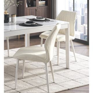 Sunvega Modern Beige Velvet Upholstered Dining Side Chairs with White Metal Legs