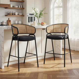Sunvega Industrial Metal Bar Stools with Faux Leather Seat and Woven Rattan Backrest Set of 2