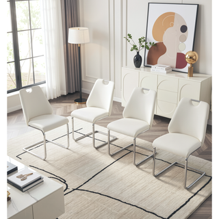 Sunvega White Faux Leather Dining Chairs Set of 2 with Gold Mesh Texture and Chrome Handle