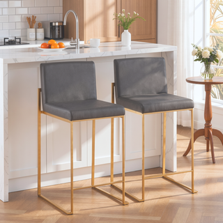 Sunvega Contemporary High Back Counter Stool with Padded Seat in Gold Steel and Grey Faux Leather
