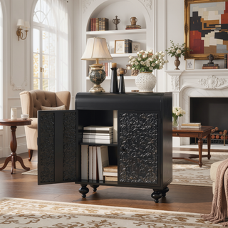 Sunvega Distressed Black Accent Cabinet With Embossed Pattern And Two Doors