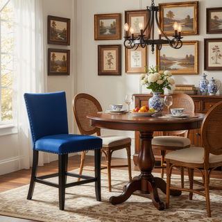 Sunvega Blue Velvet Upholstered Counter Height Chair Set with Chrome Nailhead Trim