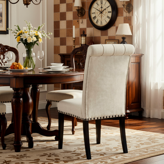 Sunvega Sand and Rustic Espresso Tufted Side Chairs with Rolled Backrest and Padded Seat