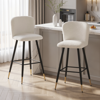 Sunvega Modern Barstool with White Fabric Seat and Black Gold-Tipped Metal Legs