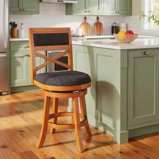 Sunvega 24 Inch Counter Height X-Back Swivel Stool with Beige Fabric Seat and Cherry Finish