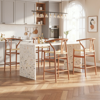 Sunvega Mid-Century Wishbone Barstool with Woven Papercord Seat Fully Assembled Walnut
