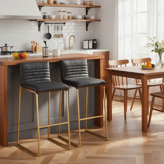 Sunvega Mason Mara Contemporary Fixed-Height Barstool with Gold Metal Walnut Wood Grey Faux Leather