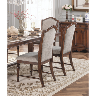 Sunvega Traditional Cherry Finish Wooden Side Chairs with Gray Textured Fabric Upholstery