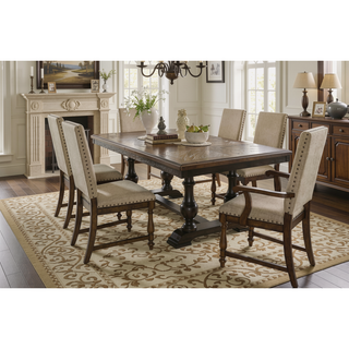 Sunvega Traditional Brown Wooden Dining Chairs with Beige Textured Fabric Upholstery