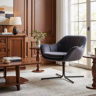 Sunvega Contemporary Swivel Lounge Chair in Black Metal and Grey Velvet
