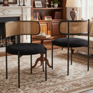 Sunvega Modern Upholstered Dining Chairs Set of 4 with Rattan Backrest and Metal Legs