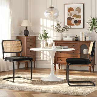 Sunvega Mid-Century Modern Dining Chairs Set of 2 with Mesh Backrest and PU Leather Seat
