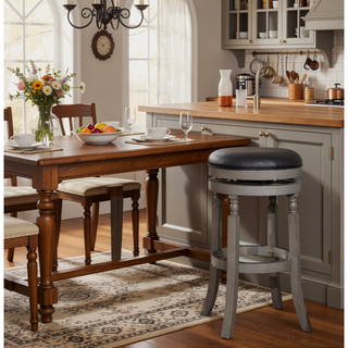 Sunvega 30 Inch Bar Stool with Weathered Gray Finish and Beige Fabric Seat