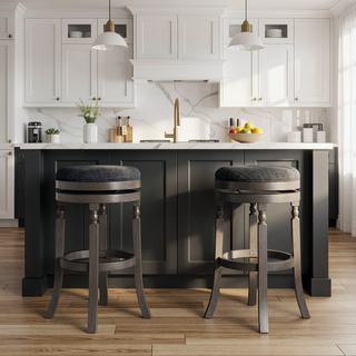 Sunvega 30 Inch Bar Stool with Weathered Gray Finish and Beige Fabric Seat