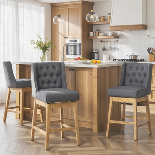 Sunvega Set of Two Swivel Bar Stools with Button Tufted Backs and Footrests
