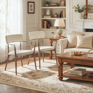 Sunvega Contemporary Whitewashed Wood and Cream Fabric Dining Chairs with Copper Accents