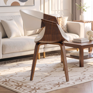 Sunvega Mid-Century Modern Dining Accent Chair with Walnut Wood Legs and Cream Faux Leather