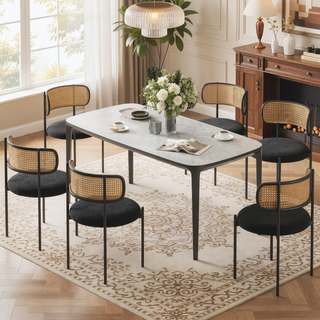 Sunvega Modern Upholstered Dining Chairs Set of 4 with Rattan Backrest and Metal Legs
