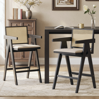 Sunvega Cream Grey Woven Cane Plastic Backrest Bar Stool with Foam-Padded Fabric Seat
