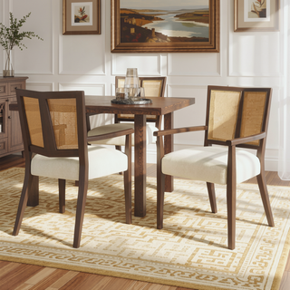 Sunvega Mid-Century Modern Cane Back Arm Dining Chairs with Upholstered Seat Set of 2