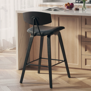 Sunvega 28.5 Inch Bar Height Stool with Gray Faux Leather and Black Wood Mid-Century Modern