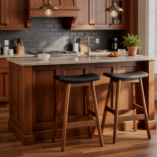 Sunvega Solid Wood Walnut Finish Counter Height Stools with Faux Leather Seat