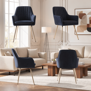 Sunvega Blue Velvet Mid-Back Dining Chairs with Gold Plated Legs for Living Room
