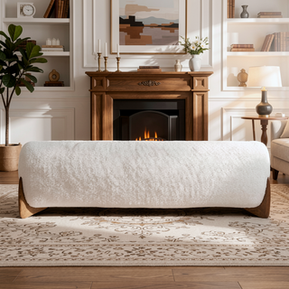 Sunvega Modern Puffy Platform Bed with Arched Headboard in Ivory White Boucle