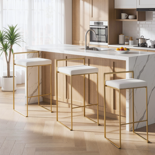 Sunvega Gold Metal and White Velvet Upholstered Fixed Height Stackable Barstools Set of 3