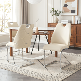Sunvega White Faux Leather Dining Chairs Set of 2 with Gold Mesh Texture and Chrome Handle