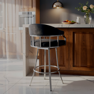 Sunvega Wyden Swivel Modern Black Faux Leather Barstool with Brushed Stainless Steel Base