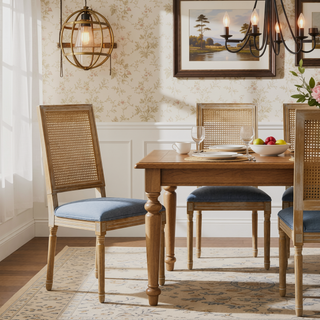 Sunvega French Country Dining Chairs with Cane Backrest Upholstered Seats and Fluted Legs