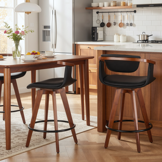 Sunvega Mid-Century Modern Counter Stool with Walnut Wood Accents and Faux Leather
