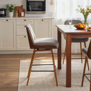 Sunvega Mid-Century Modern Walnut Wood and Light Grey Fabric Counter Stool