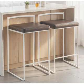 Sunvega Contemporary Stackable Counter Stool with White Frame and Brown Faux Leather Cushion